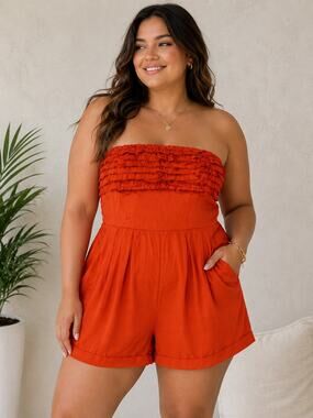 Banana USA Orange Ruffle Strapless Romper Y2K Medium